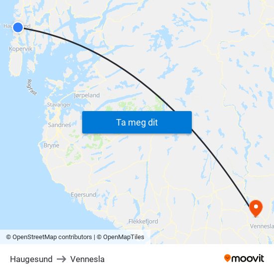 Haugesund to Vennesla map