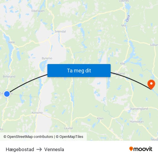 Hægebostad to Vennesla map