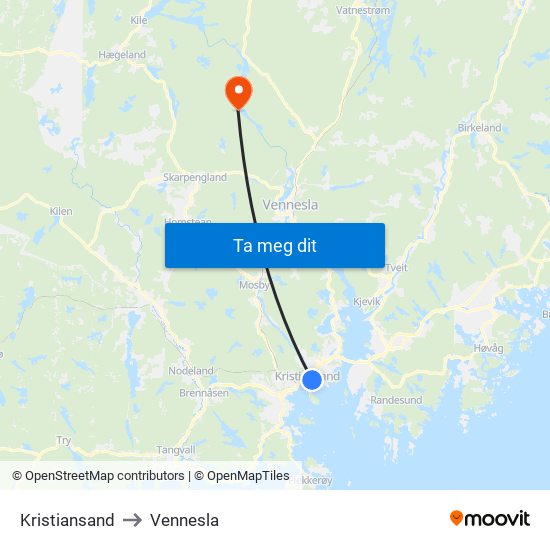 Kristiansand to Vennesla map