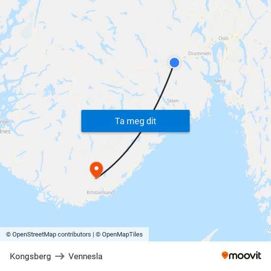 Kongsberg to Vennesla map