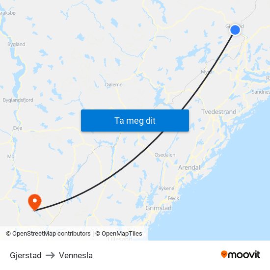 Gjerstad to Vennesla map