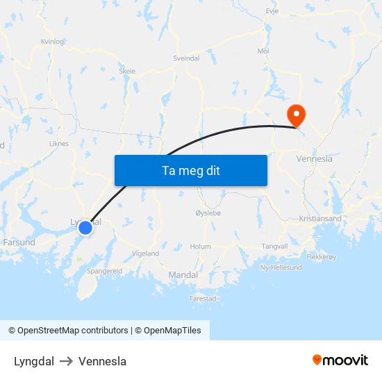 Lyngdal to Vennesla map