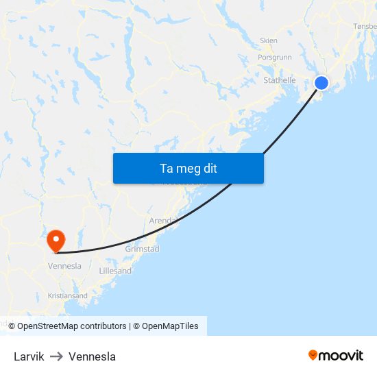 Larvik to Vennesla map