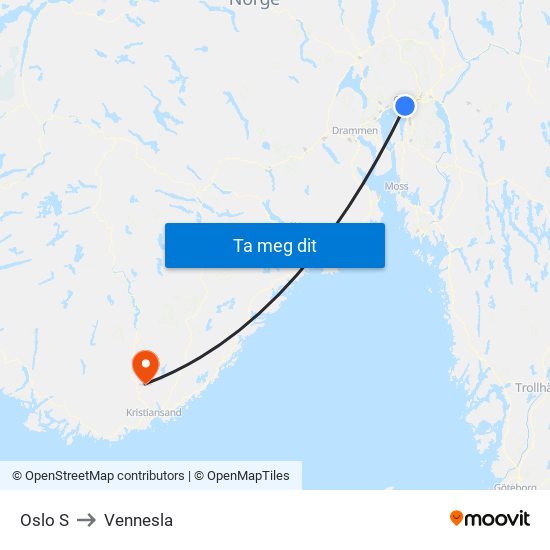 Oslo S to Vennesla map