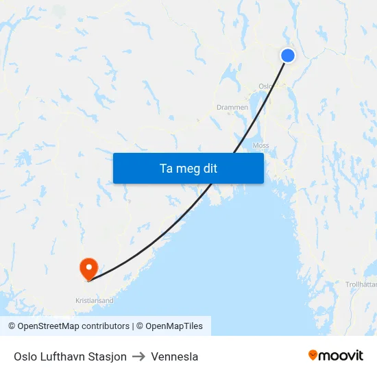 Oslo Lufthavn Stasjon to Vennesla map