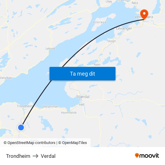 Trondheim to Verdal map