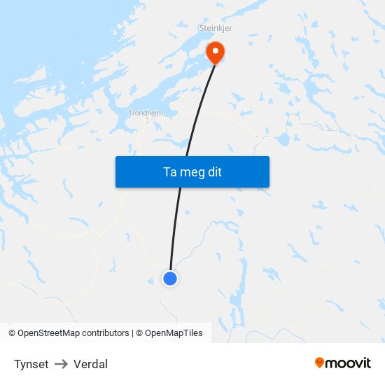 Tynset to Verdal map