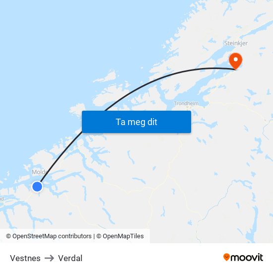 Vestnes to Verdal map