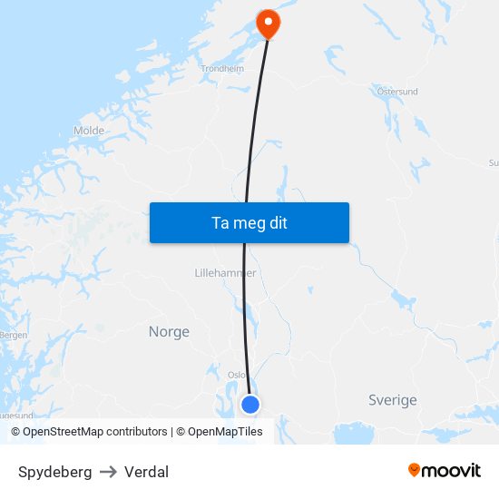 Spydeberg to Verdal map