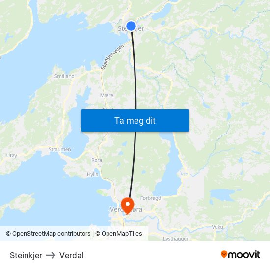 Steinkjer to Verdal map