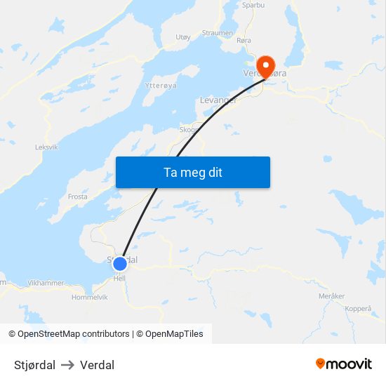 Stjørdal to Verdal map