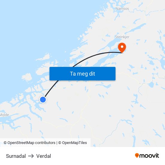 Surnadal to Verdal map