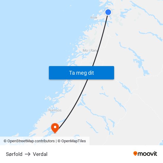 Sørfold to Verdal map