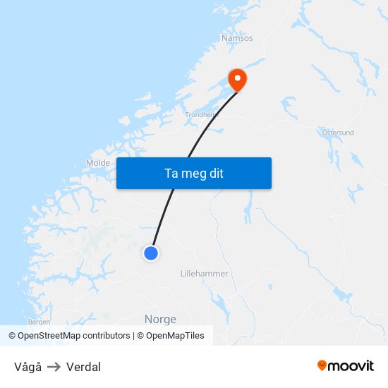 Vågå to Verdal map