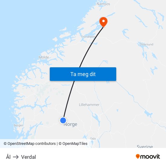Ål to Verdal map