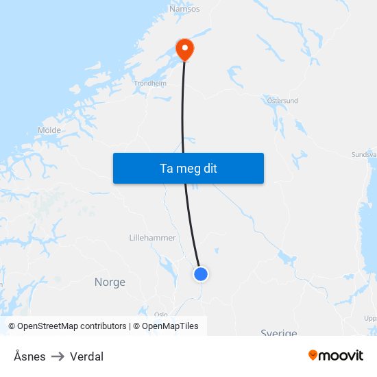 Åsnes to Verdal map