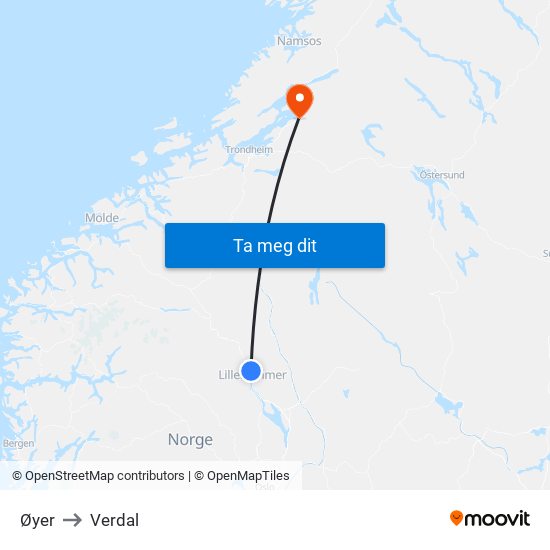 Øyer to Verdal map