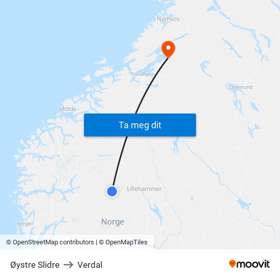 Øystre Slidre to Verdal map