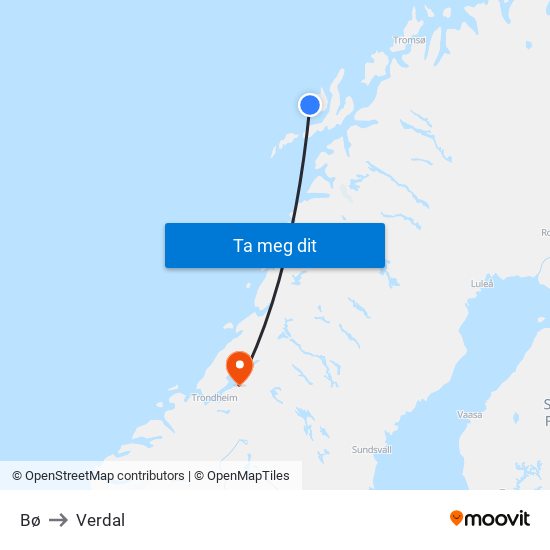 Bø to Verdal map