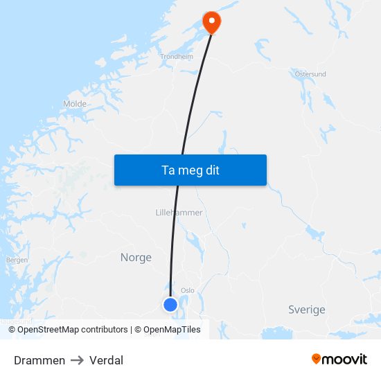 Drammen to Verdal map