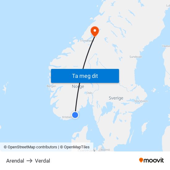 Arendal to Verdal map