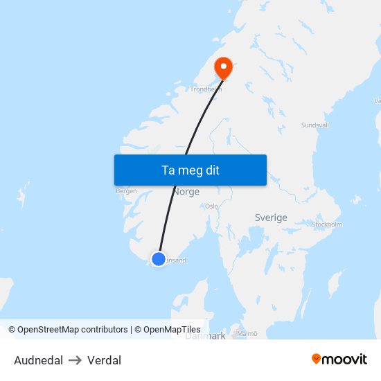 Audnedal to Verdal map