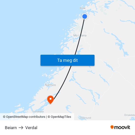 Beiarn to Verdal map