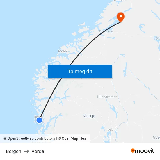 Bergen to Verdal map
