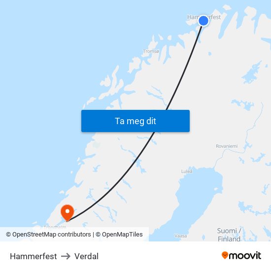 Hammerfest to Verdal map