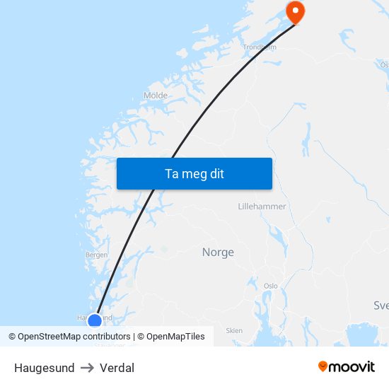 Haugesund to Verdal map