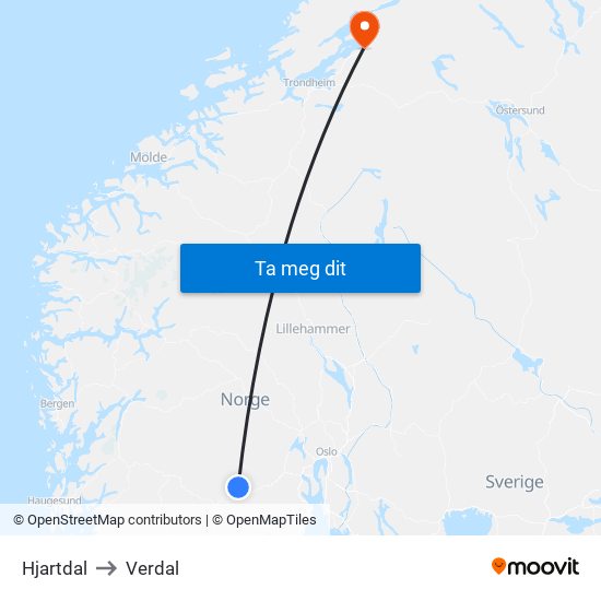 Hjartdal to Verdal map