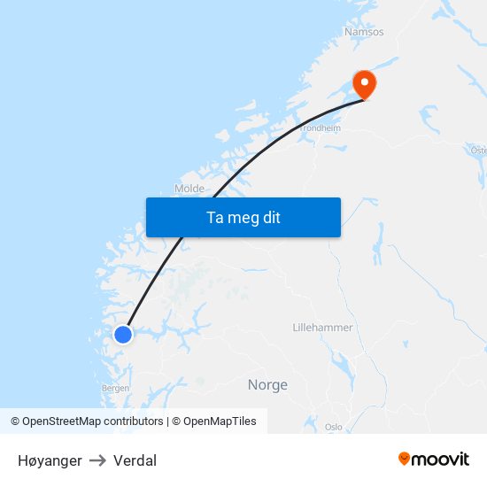 Høyanger to Verdal map