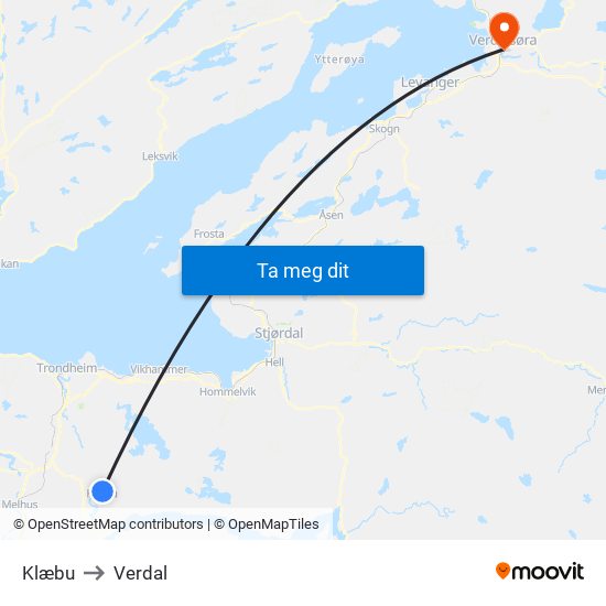 Klæbu to Verdal map