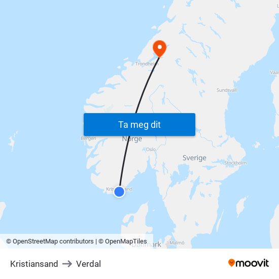 Kristiansand to Verdal map