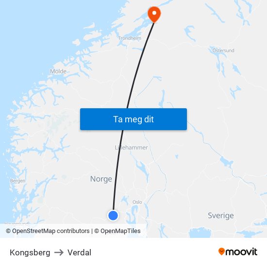 Kongsberg to Verdal map