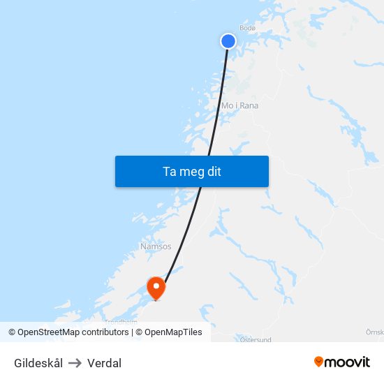 Gildeskål to Verdal map