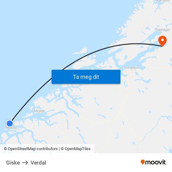 Giske to Verdal map