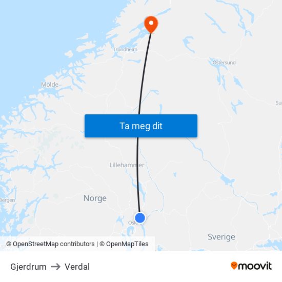 Gjerdrum to Verdal map