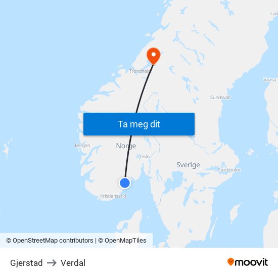 Gjerstad to Verdal map