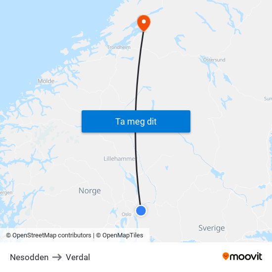 Nesodden to Verdal map