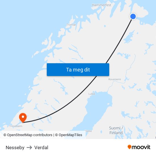 Nesseby to Verdal map