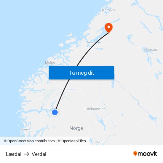 Lærdal to Verdal map