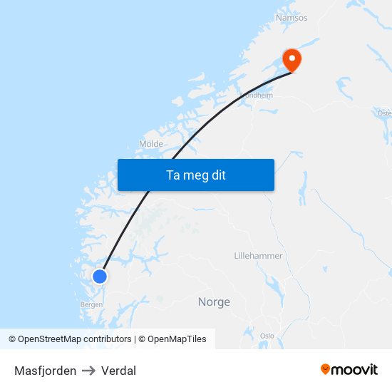 Masfjorden to Verdal map