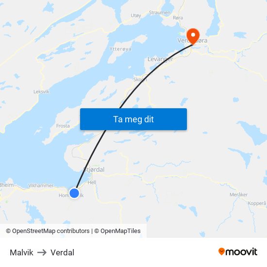 Malvik to Verdal map