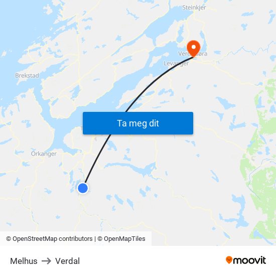 Melhus to Verdal map