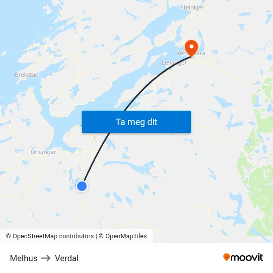Melhus to Verdal map
