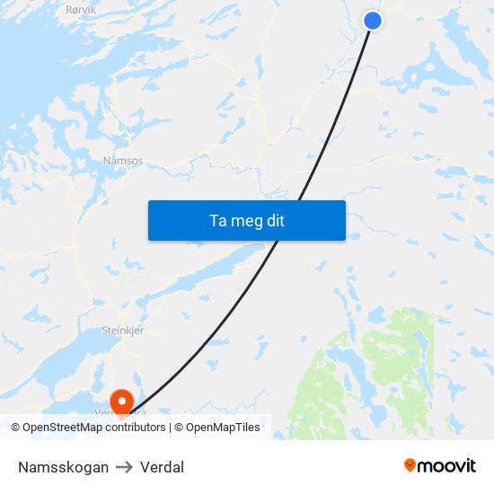 Namsskogan to Verdal map