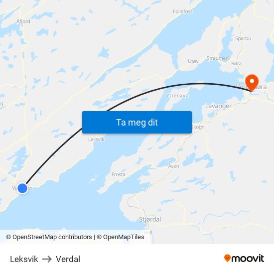 Leksvik to Verdal map