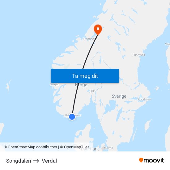 Songdalen to Verdal map