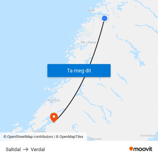 Saltdal to Verdal map